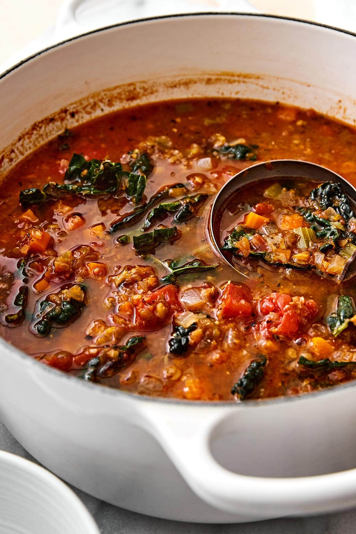 Lentil soup is the perfect vegetarian meal to cozy up with for fall and winter. It’s hearty, healthy, and wonderfully filling thanks to its plant-based protein. And while there are many variations of lentil soup, this simple and vibrant Mediterranean version is extra special. A pot of Mediterranean lentil soup.